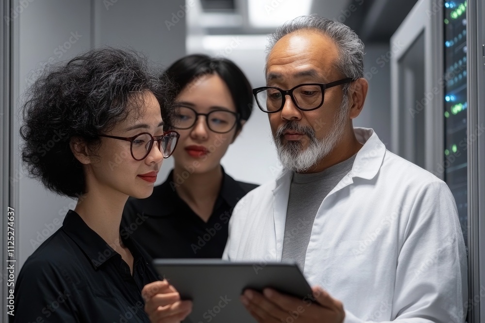 Poster team of professionals collaborating on a tablet in a modern data center during a technology briefing