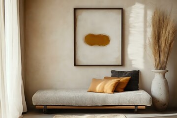 Japandi-inspired minimalist room with a boucle sofa, stucco wall as a backdrop, and a framed abstract painting, warm earthy tones