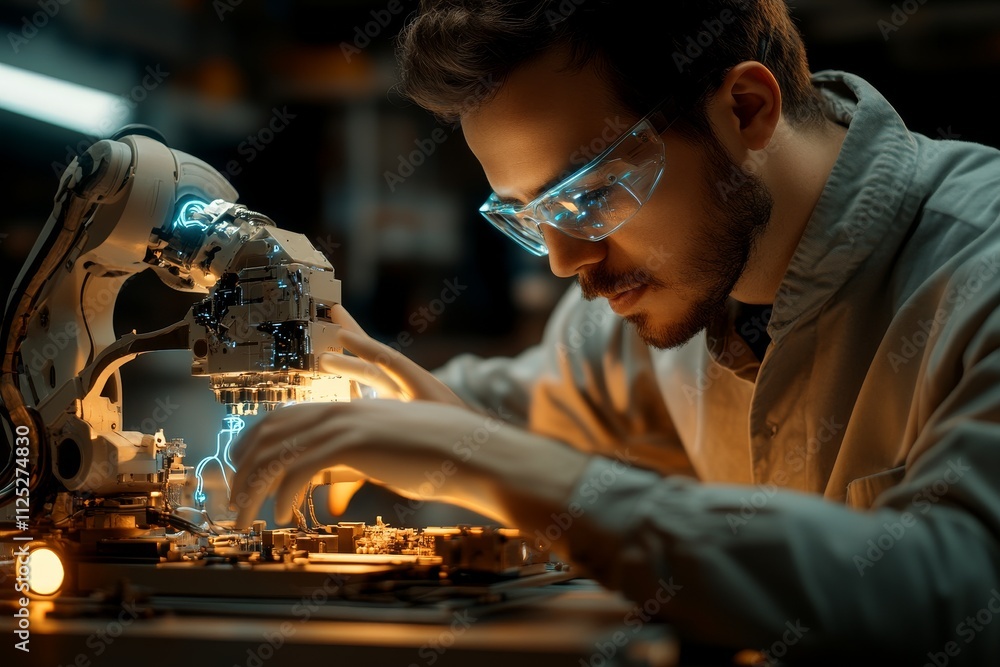 Poster engineer working on robotic arm in a high-tech laboratory during evening hours focused on intricate 