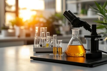 Laboratory setup with glassware and microscope during sunset hours in a well-lit research space