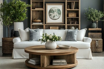 Modern farmhouse interior with a round wooden coffee table, white sofa near a wall with built-in shelves and four decorative frames, warm and rustic aesthetic