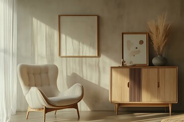 Modern living room blending Japandi and Scandinavian styles, featuring an armchair near a stucco wall, a natural wood cabinet, and abstract art frames