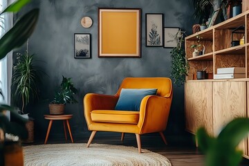 Modern living room blending Japandi and Scandinavian styles, featuring an armchair near a stucco wall, a natural wood cabinet, and abstract art frames