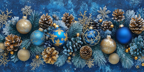 A vibrant winter scene of golden and blue ornaments intertwined with pine cones and green needles, bringing a festive and joyful holiday spirit to any setting.