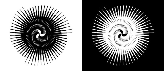 Spiral with lines as dynamic abstract vector background or logo or icon. Yin and Yang symbol. Black spiral on white background and white spiral on black background.