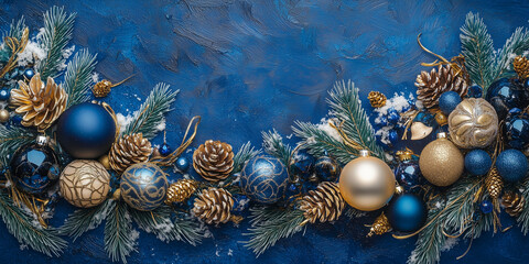 A beautiful arrangement of blue and gold ornaments and pine cones, set against an elegant blue textured background, highlighting a winter holiday theme.