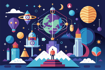 Futuristic cosmic landscape with planets and geometric shapes in vibrant colors