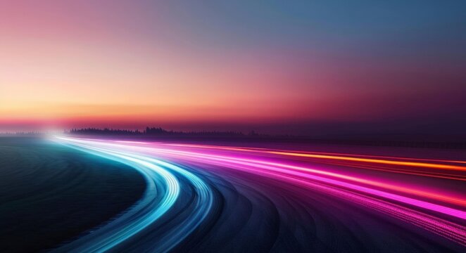 vibrant light road at night. Streaks of vibrant light   road. dynamic energy of movement and speed. concept  travel, journey, and futuristic technology.