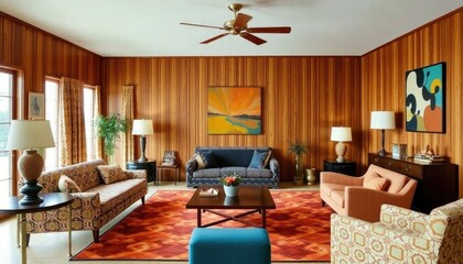 1970s living room with retro furniture, bold geometric patterns, wood paneling, and earth tones that transport the room to the mid-century modern era