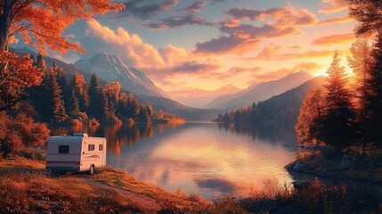 A beautiful lake in the mountains, an RV is parked by it, and you can see a stunning sunset over the trees.