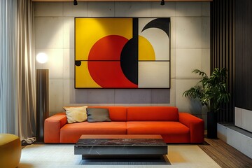 Suprematism-inspired living room featuring bold abstract geometric shapes in vibrant colors, minimalist furniture enhancing the modern design