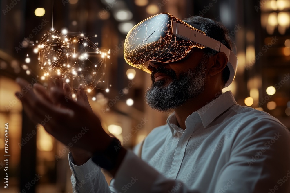 Aufkleber man experiences virtual reality with advanced headset while interacting with digital elements at nig