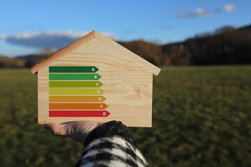 Closeup of hand holding model of wooden house. Energy efficiency home model concept for sustainable development, eco-friendly renovation and enviromental concervation. Blurred green nature landscape.