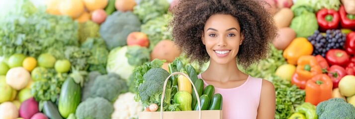 A cheerful young woman holding a paper bag filled with fresh green vegetables, surrounded by vibrant produce. Concept of healthy eating and organic lifestyle.