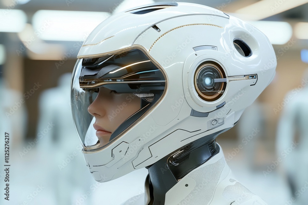 Poster futuristic helmet design showcasing advanced technology in a modern setting with humanoid silhouette