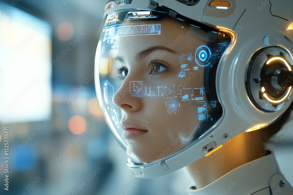 Aufkleber futuristic astronaut with advanced helmet technology working in a high-tech environment