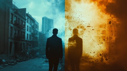 Fototapeta premium Silhouette walks between contrasting cityscapes; destruction and hope.
