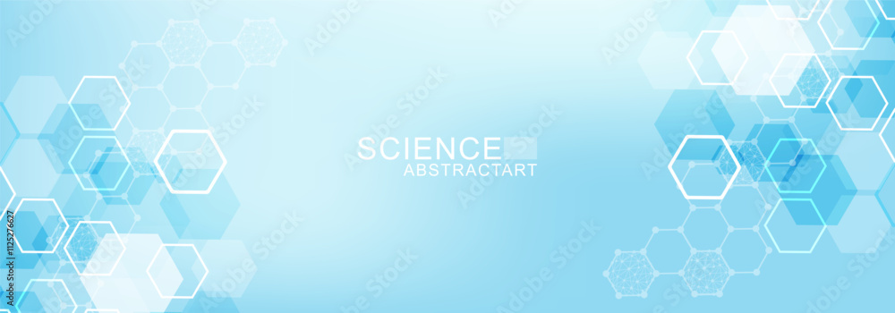 Wall mural health care abstract background with lines, dots and hexagons. medical innovation banner template co