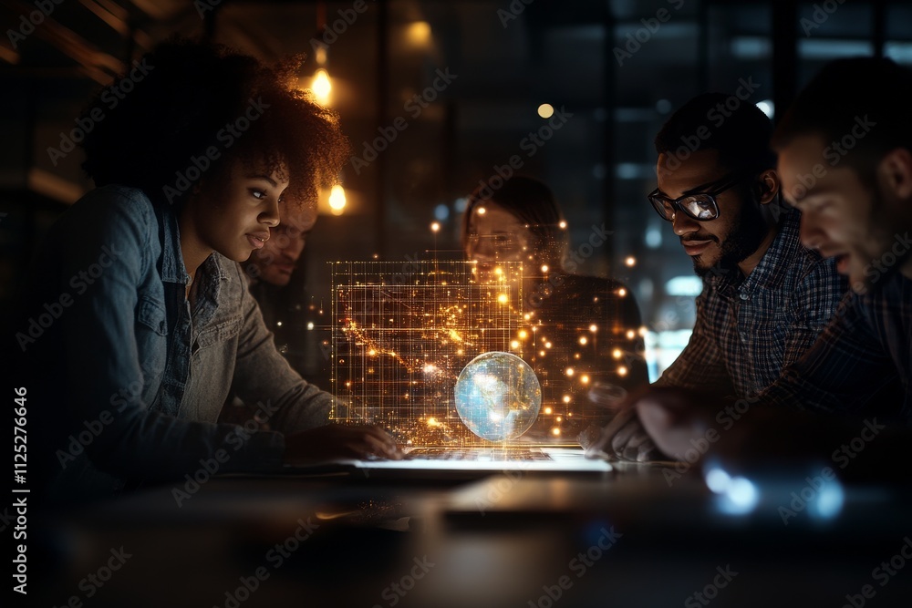 Poster group collaborating on creative technology project with holographic globe at night in modern workspa