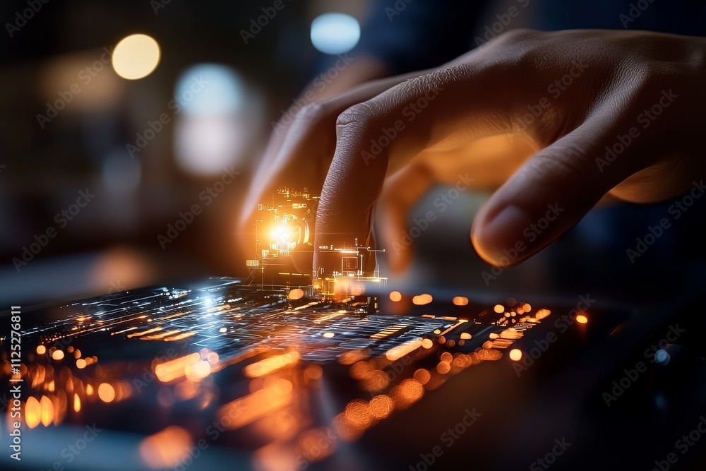 Poster close-up of a hand interacting with a futuristic circuit board in a dimly lit environment showcasing