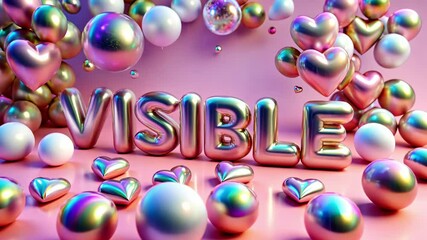 Be visible concept with vibrant metallic letters and colorful heart balloons for creative design.