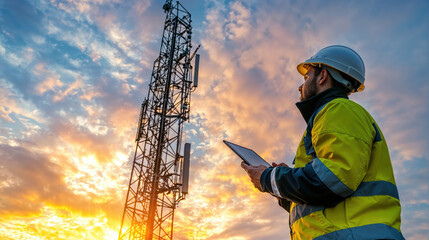 Telecommunications engineer using digital tablet, inspecting cell tower