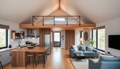 Loft house loft bed design with kitchen and living room featuring a modern open-plan space with a lofted sleeping area and functional living zones below