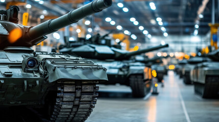 Military tanks lined up in a large industrial facility with bright overhead lights and a focus on the detailed surface of the armored vehicles.