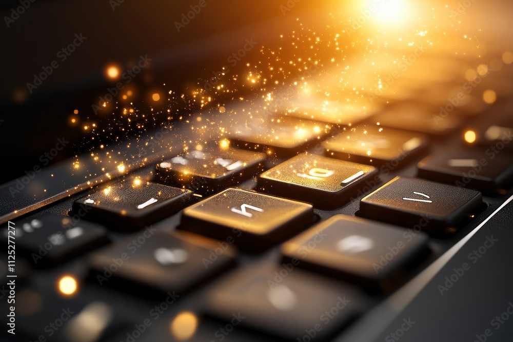 Poster close-up of a glowing keyboard with sparkling lights in a dark environment