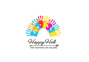 Joyful Holi Festival Design with Rainbow Handprints and Playful Typography
