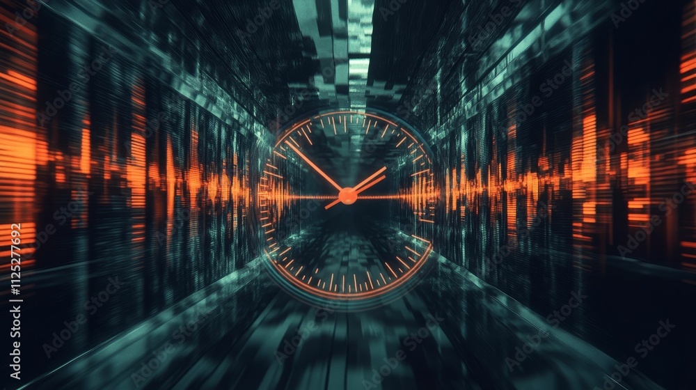 Poster clock face, speeding tunnel, digital data streams.