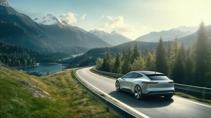 Modern electric car driving on scenic mountain road by a lake