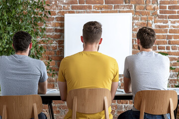 Collaborative meeting with three men sitting at table, facing blank screen. atmosphere is focused and engaged, with brick wall and greenery in background