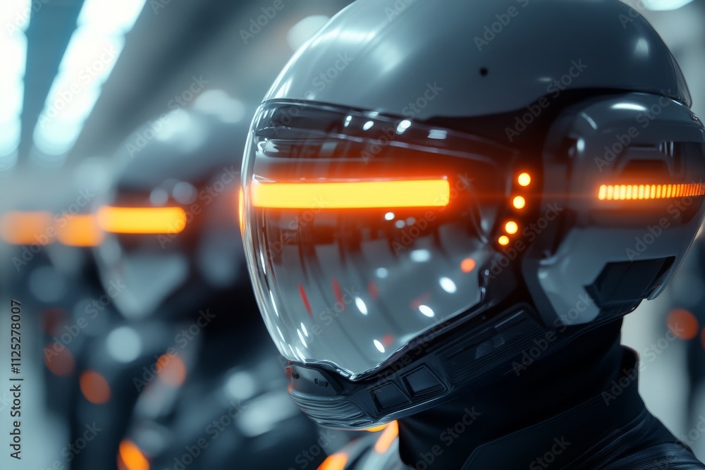 Aufkleber futuristic robots with illuminated visors stand in a high-tech facility ready for an unknown mission