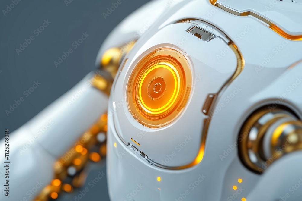 Aufkleber close-up of a futuristic robot with glowing orange lights and intricate details showcasing advanced 