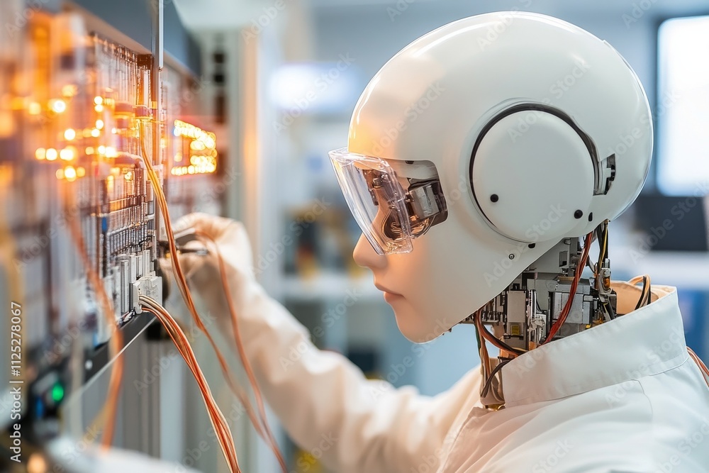 Poster robot technician working on a control panel in a modern technology lab during the day