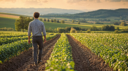 Fototapeta premium Farmer walking along rows of potato plants at sunset