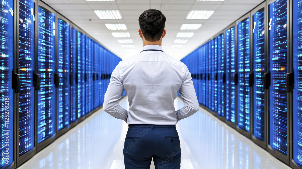 Aufkleber focused man stands in data center, surrounded by rows of servers, contemplating cybersecurity. blue 