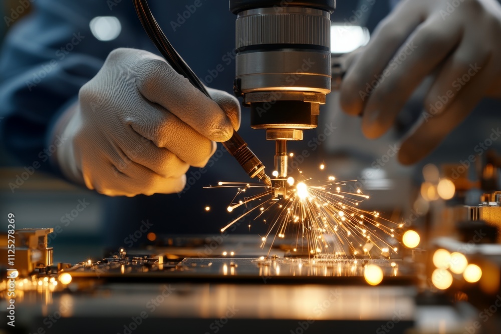 Poster precision machining process with sparks flying in a workshop setting during the day