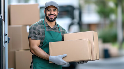 Smiling delivery worker holding box near van on sunny street.