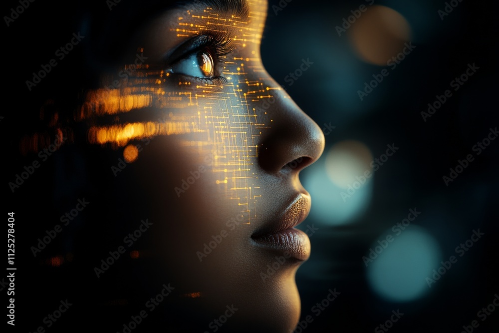 Aufkleber digital portrait of a woman with glowing circuitry patterns projecting on her face in a futuristic s