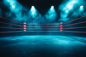 Empty boxing ring with floodlights and billowing smoke. Boxing sport fight championship background