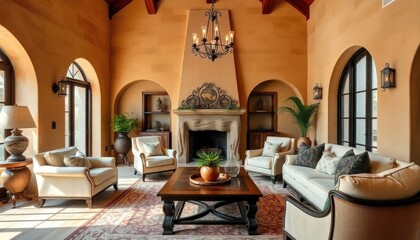 Spanish style living room with warm earthy tones, textured walls, wrought iron accents, and traditional furniture for a rustic, Mediterranean feel