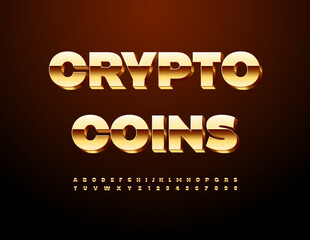 Vector cool icon Crypto Coins. 3D Golden Font. Digital Uppercase Alphabet Letters and Numbers set. Elite glossy Font.