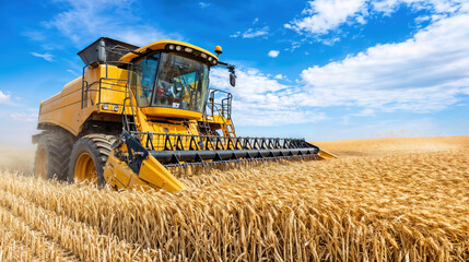 Fototapeta premium Combine harvester harvesting wheat in a field under