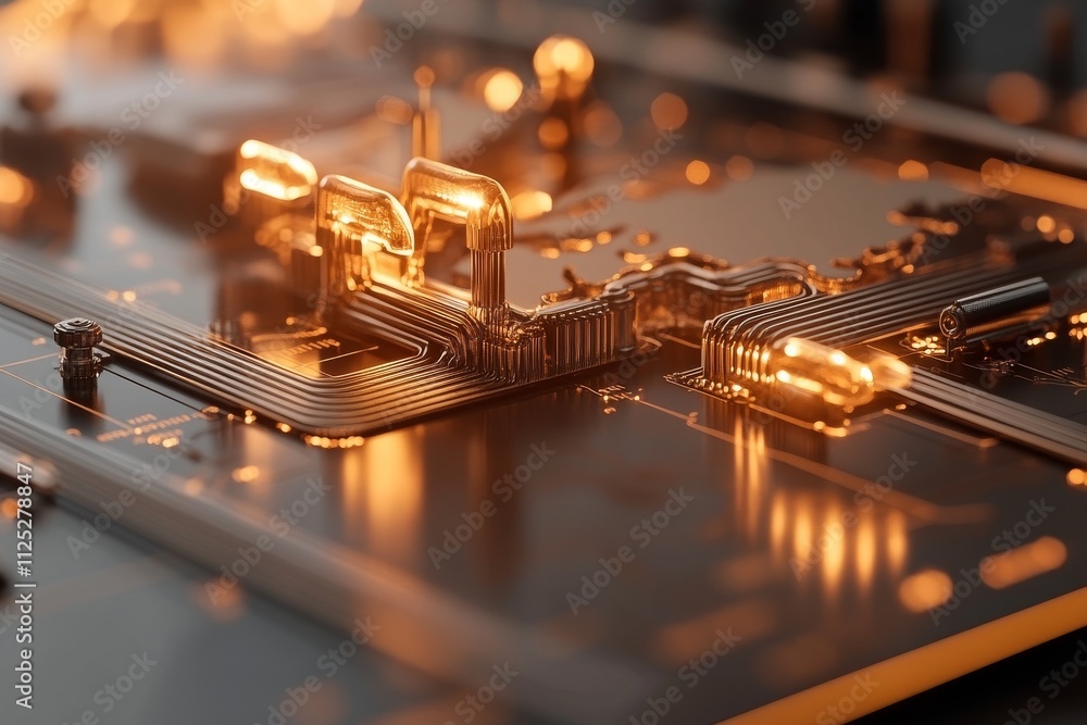 Poster detailed close-up of glowing circuit board components in a technology lab during evening hours