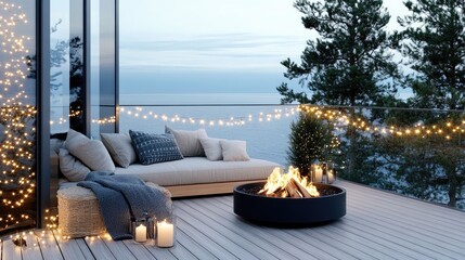 Fototapeta premium A cozy cabin features a spacious terrace overlooking the ocean, with a fire pit and string lights enhancing the sunset atmosphere