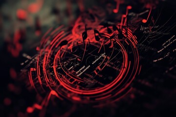Abstract swirling red notes, musical script.