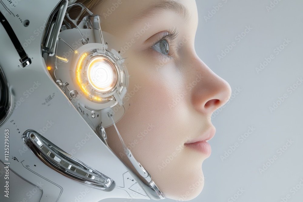 Poster female android with glowing features gazes thoughtfully in a futuristic setting