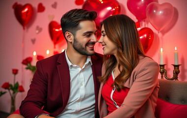 Romantic Couple Posing with Valentine’s Day Decorations and Heart Balloons for Love-Themed Photography.